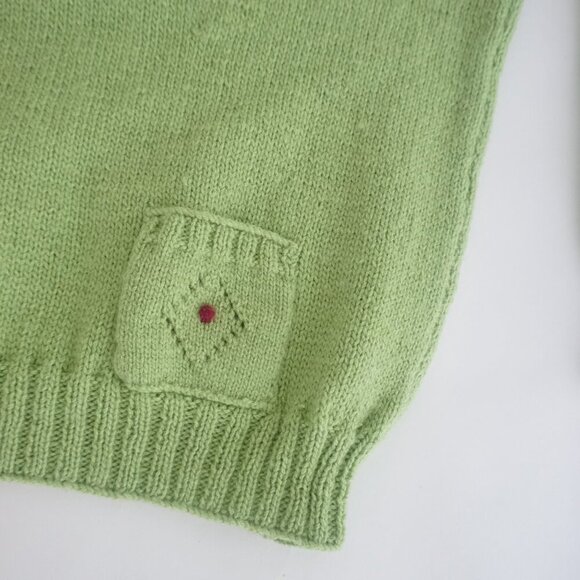 Vintage Hand Knit Lime Green Argyle Crochet PomPom Scoop Neck Sweater Small - Picture 6 of 11